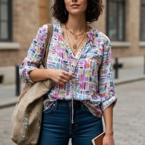 APNY New York Watercolor Abstract Cupro Blouse M